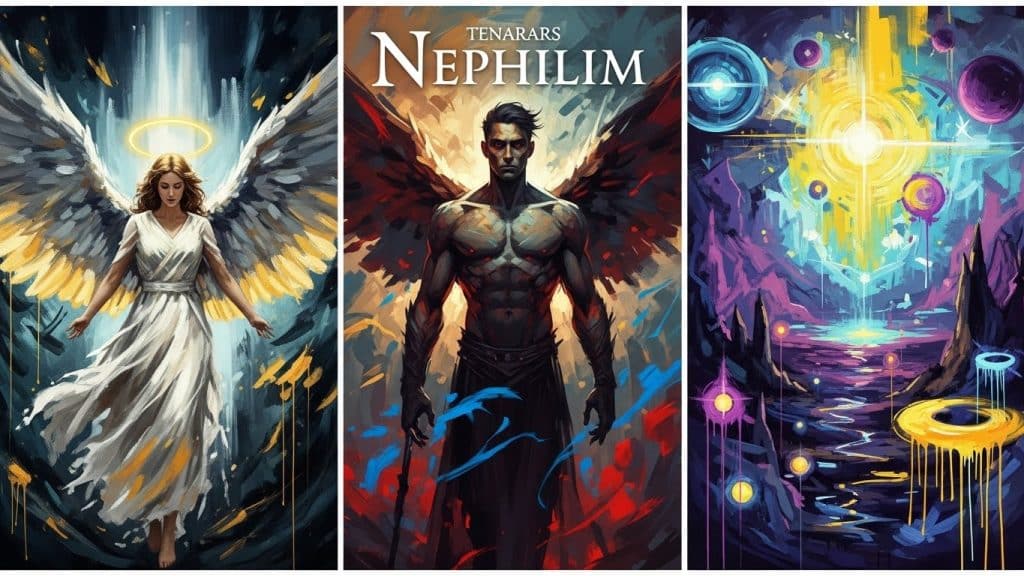 A collage of modern cultural depictions a still from a movie about angels, a cover of a fantasy novel featuring Nephilim, and a screenshot from a video game with celestial themes.