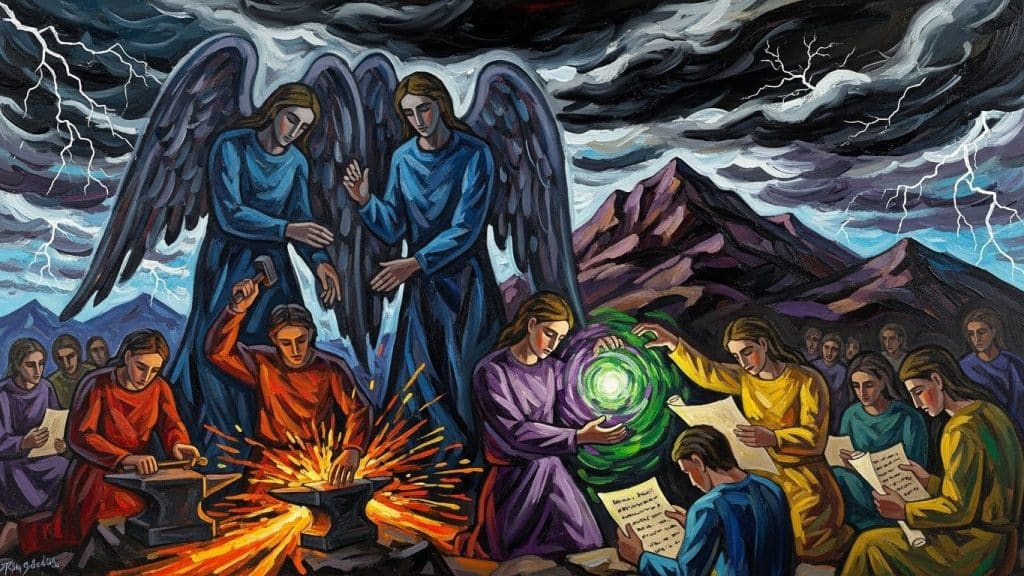 Angelic figures, the Watchers, teaching humans forbidden arts like metallurgy and sorcery under a dark.