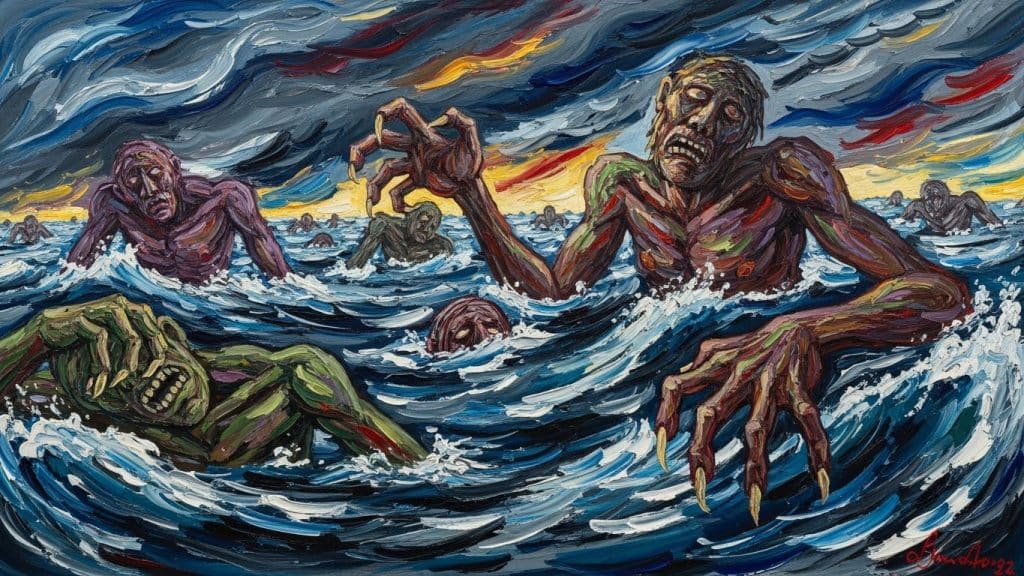 Great Flood, with dark, churning waters overwhelming a landscape dotted with giant, monstrous figures (the Nephilim).