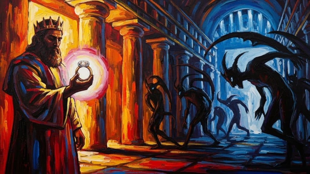 King Solomon holding his glowing, sealed ring,