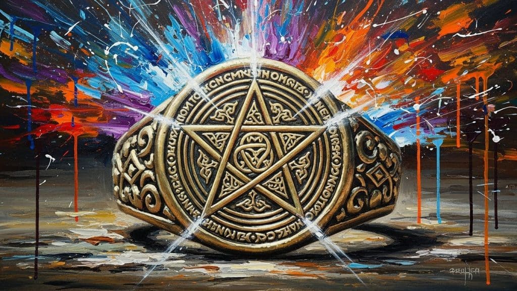 A close-up, detailed illustration of the Seal of Solomon, the pentalpha, glowing with mystical energy on an ancient, ornate ring resting on a dark surface.
