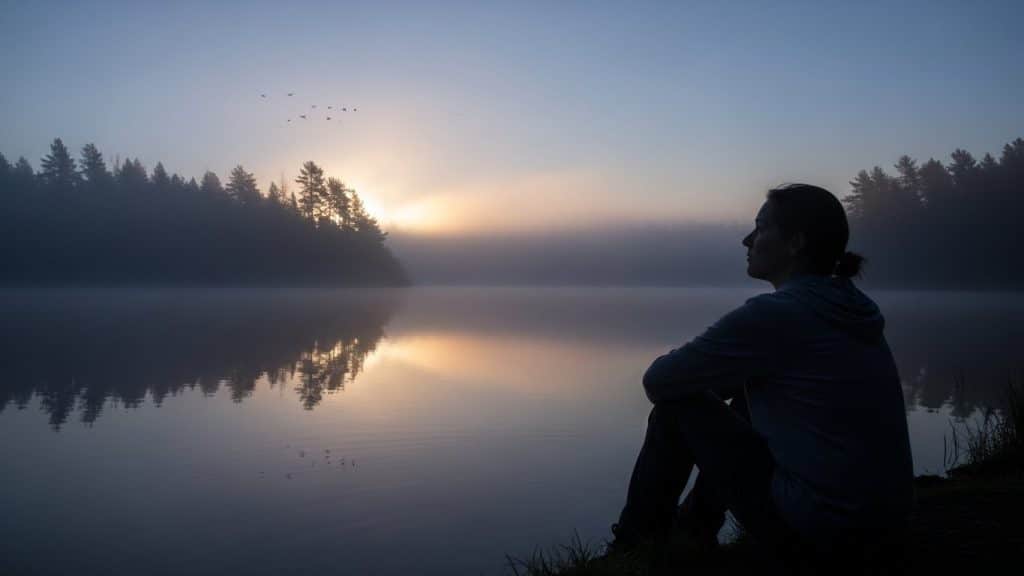 a person sitting alone by a calm