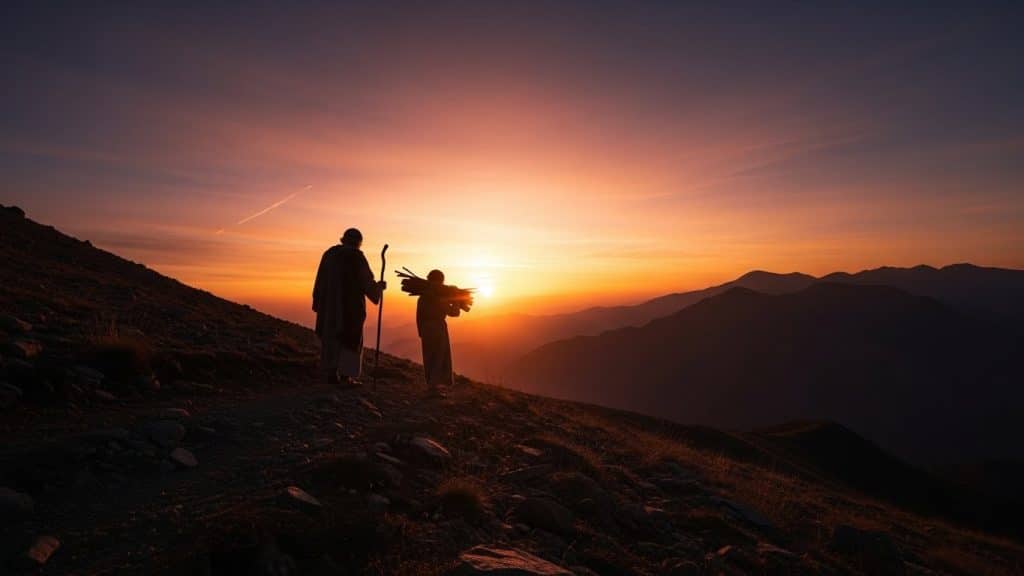 one older and one younger, walking up a rugged, barren mountain