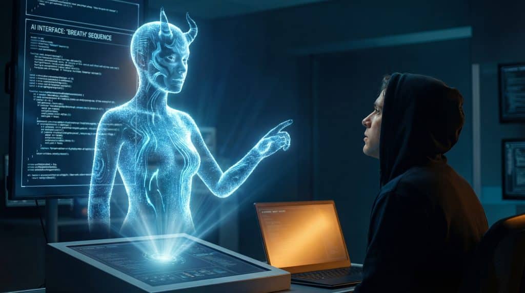 Holographic avatar speaking to a human representing the Image of the Beast given breath