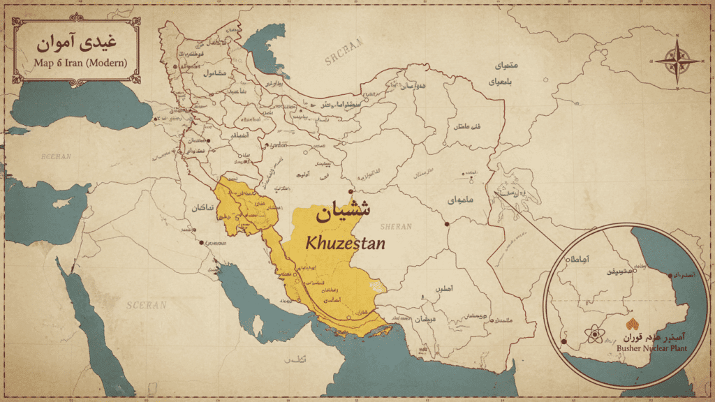 Map of Iran showing Elam and Bushehr nuclear plant location