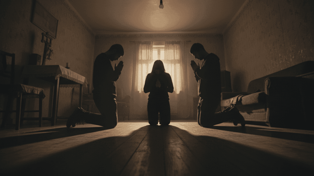 Underground church in Iran prayer meeting silhouette