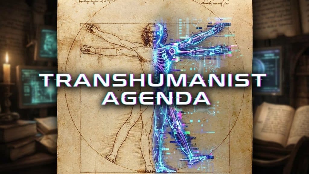 Vitruvian man glitching into a robot skeleton illustrating transhumanism and the Mark of the Beast