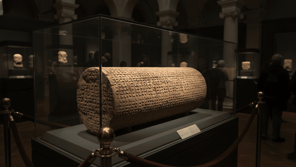 The Cyrus Cylinder on display, ancient Persian artifact biblical history