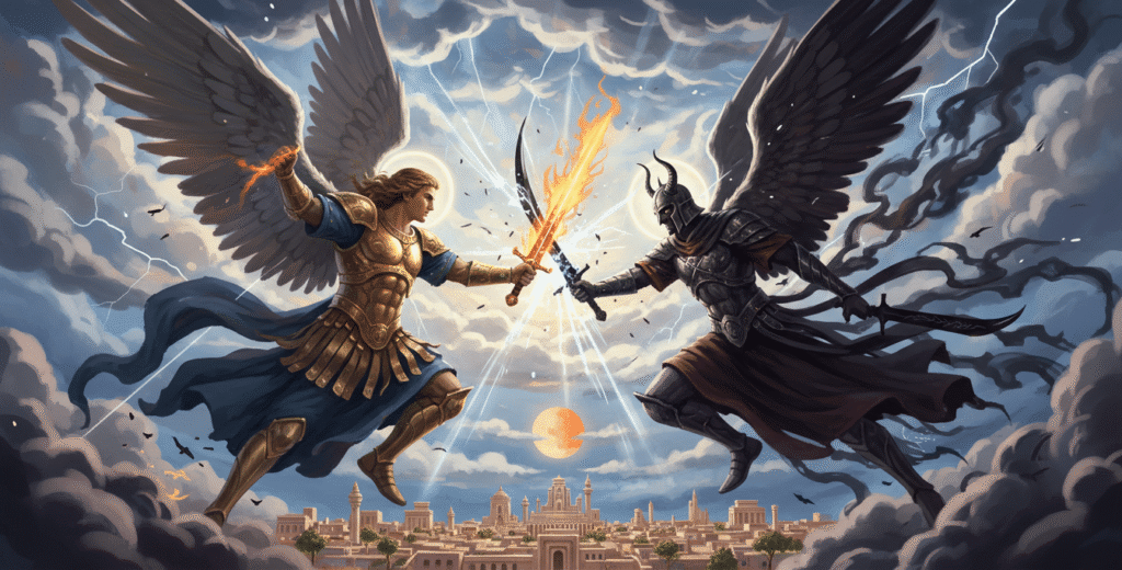Archangel Michael battling the shadowy Prince of Persia in the spiritual realm