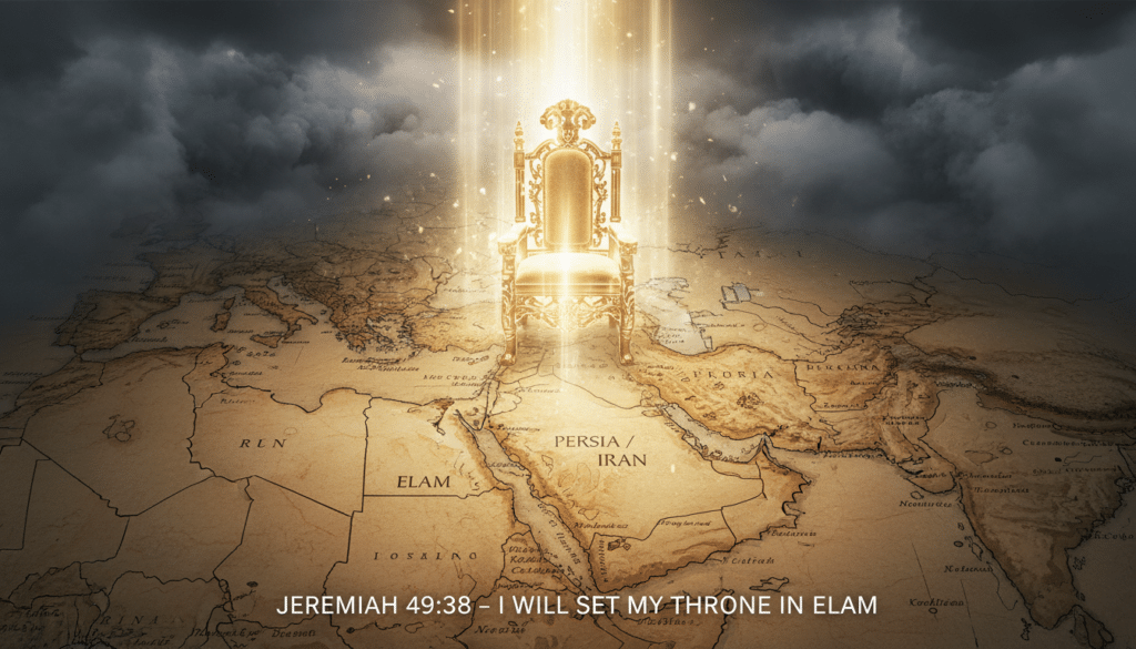 Glowing spiritual throne descending over a map of modern Iran