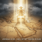 Glowing spiritual throne descending over a map of modern Iran