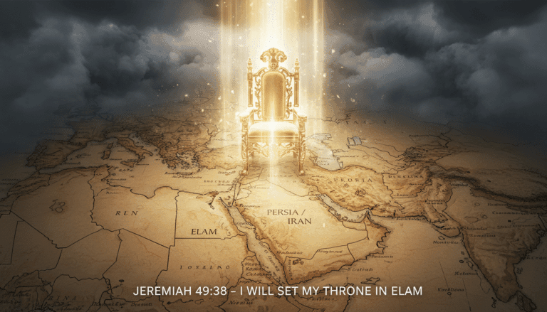 Glowing spiritual throne descending over a map of modern Iran