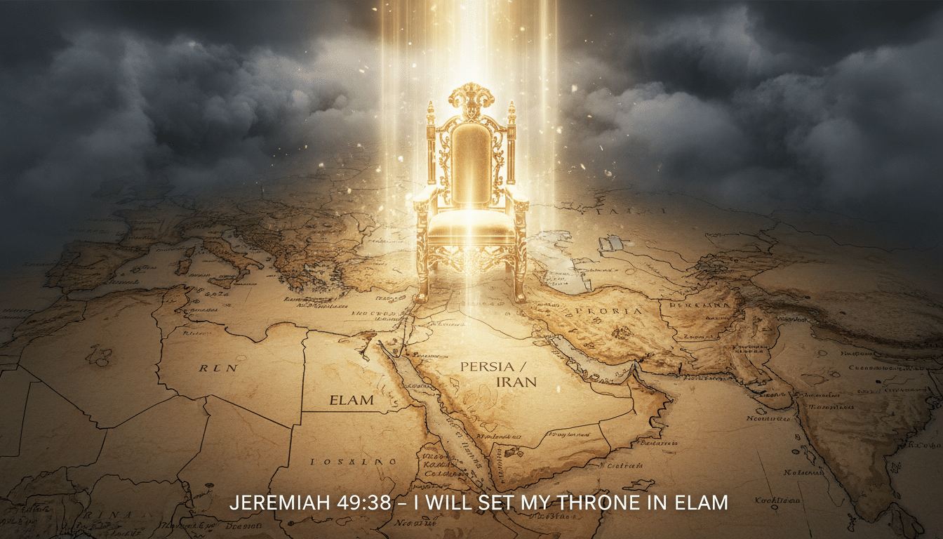 Glowing spiritual throne descending over a map of modern Iran