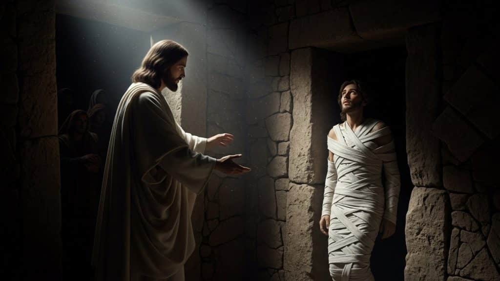 Lazarus emerging from the tomb