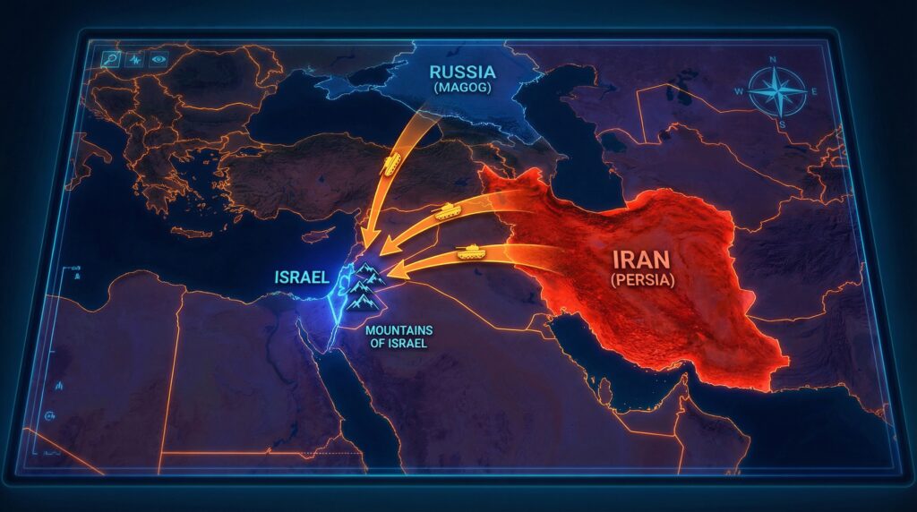 Map of the Middle East showing the Ezekiel 38 Gog and Magog invasion routes targeting Israel