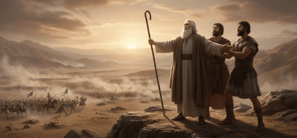 Moses holding up his staff on the hill with Aaron and Hur