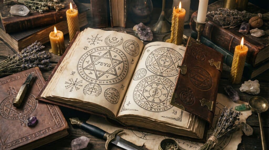 Ancient Grimoire Book Open to a Page Showing the Seal of Solomon