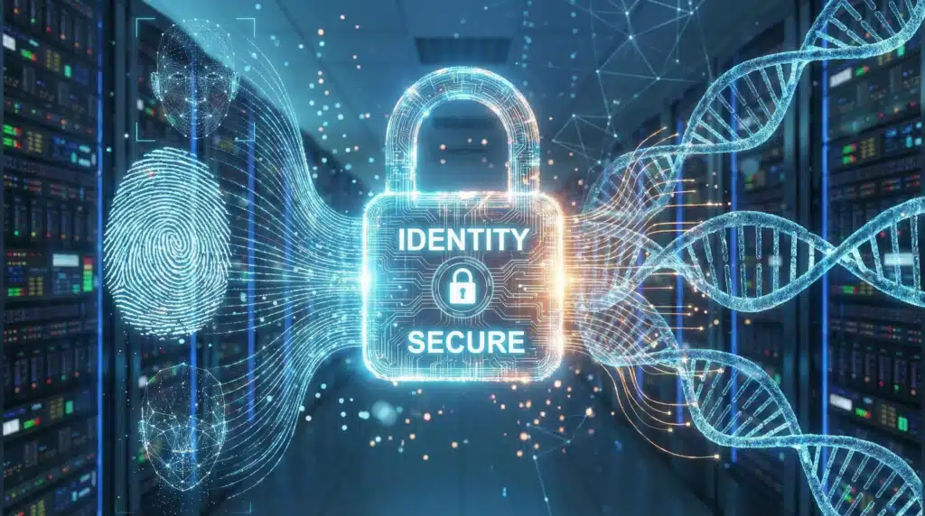 Technological framework of a global digital ID system showing biometrics and blockchain