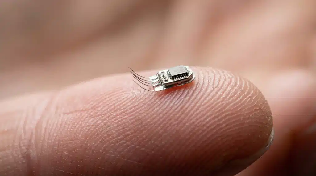 Macro shot of a glowing microchip implant representing the biometric hardware of the Mark of the Beast system